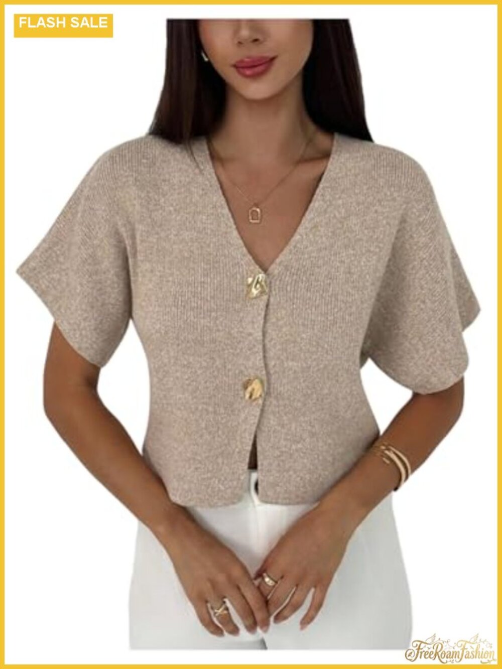 Short Sleeve V Neck Rib Knit Cardigan Sweater Lightweight